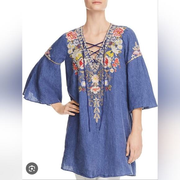 Johnny Was Kitti Dress XL 100% Linen Chambray Floral Embroidered Lace Up Bell Sl - Picture 11 of 11